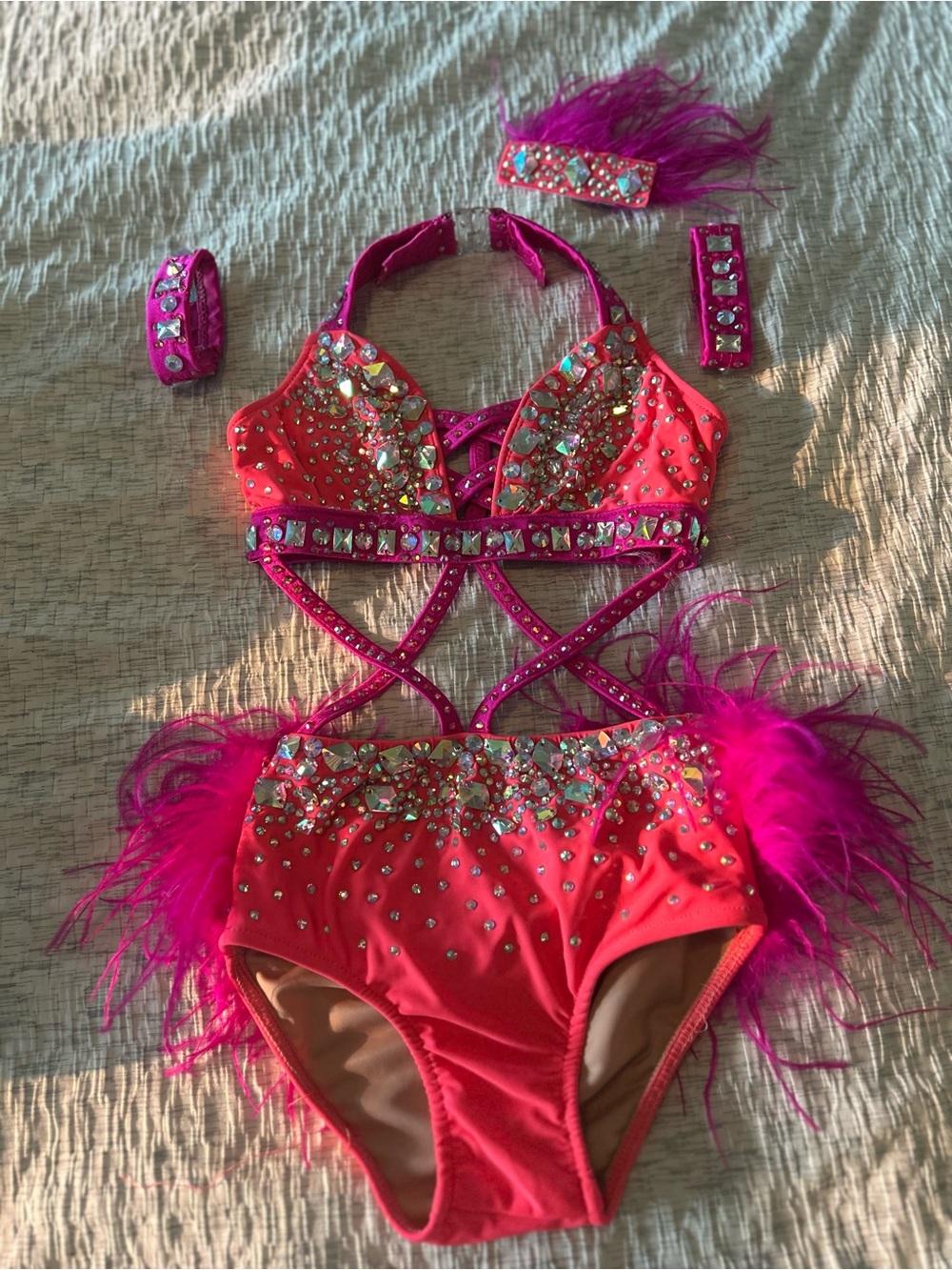 Glamour Neon Pink Sequin Feather Dance Leotard